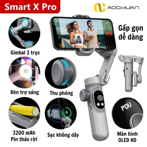 Gimbal SMART X PRO - Tích hợp sạc không dây - Pin 3200 mAh Gậy quay phim chống rung trang bị đèn led