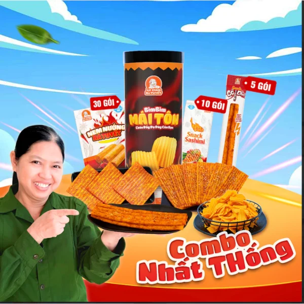Combo NHẤT THỐNG: 30 gói snack nem nướng + 1 hũ mái tôn + 10 sashimi + 5 snack cột điện M21